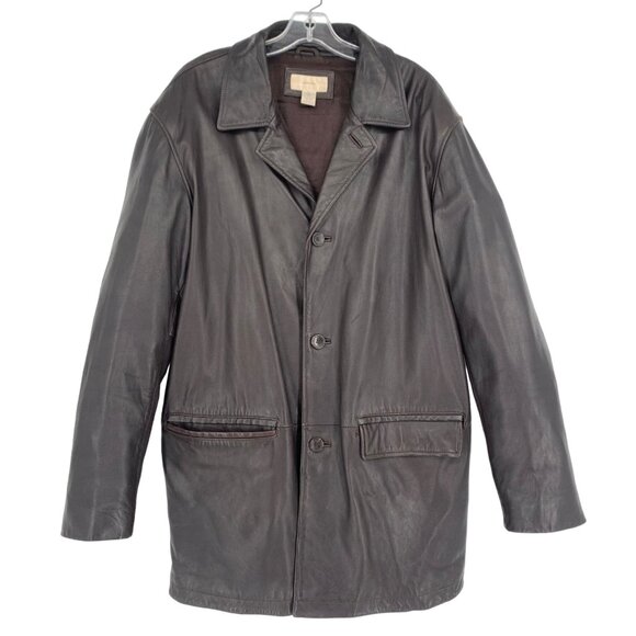 Merona L Brown Genuine Leather Lambskin Jacket 3 Button Long Sleeve Blazer Coat